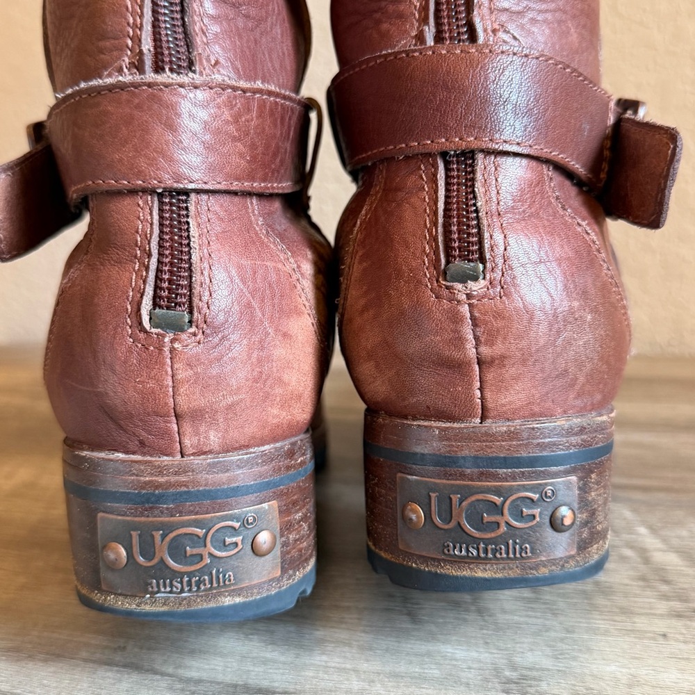UGG Langley Cognac Leather Sheepskin Tall Boots Waterproof Winter Boots - Picture 9 of 16